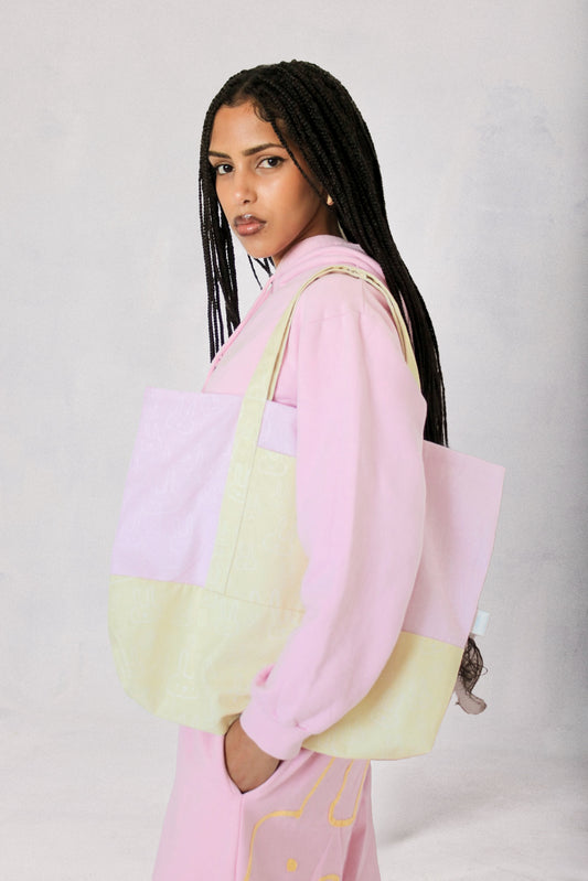 Honey Bunny cotton canvas tote bag in yellow and pink, with external front pocket, made in South Africa